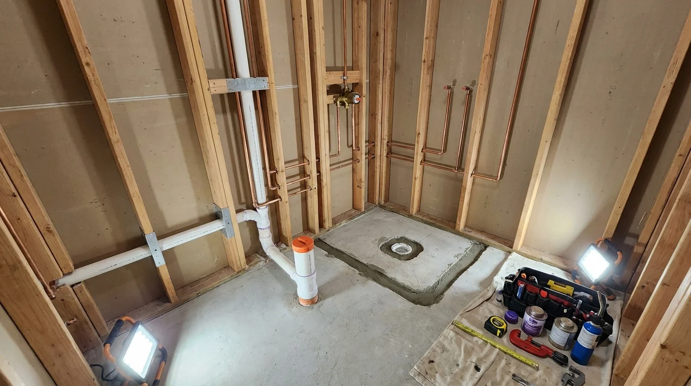 Bathroom rough-in plumbing during remodel by Johns Plumbing LLC in Luling