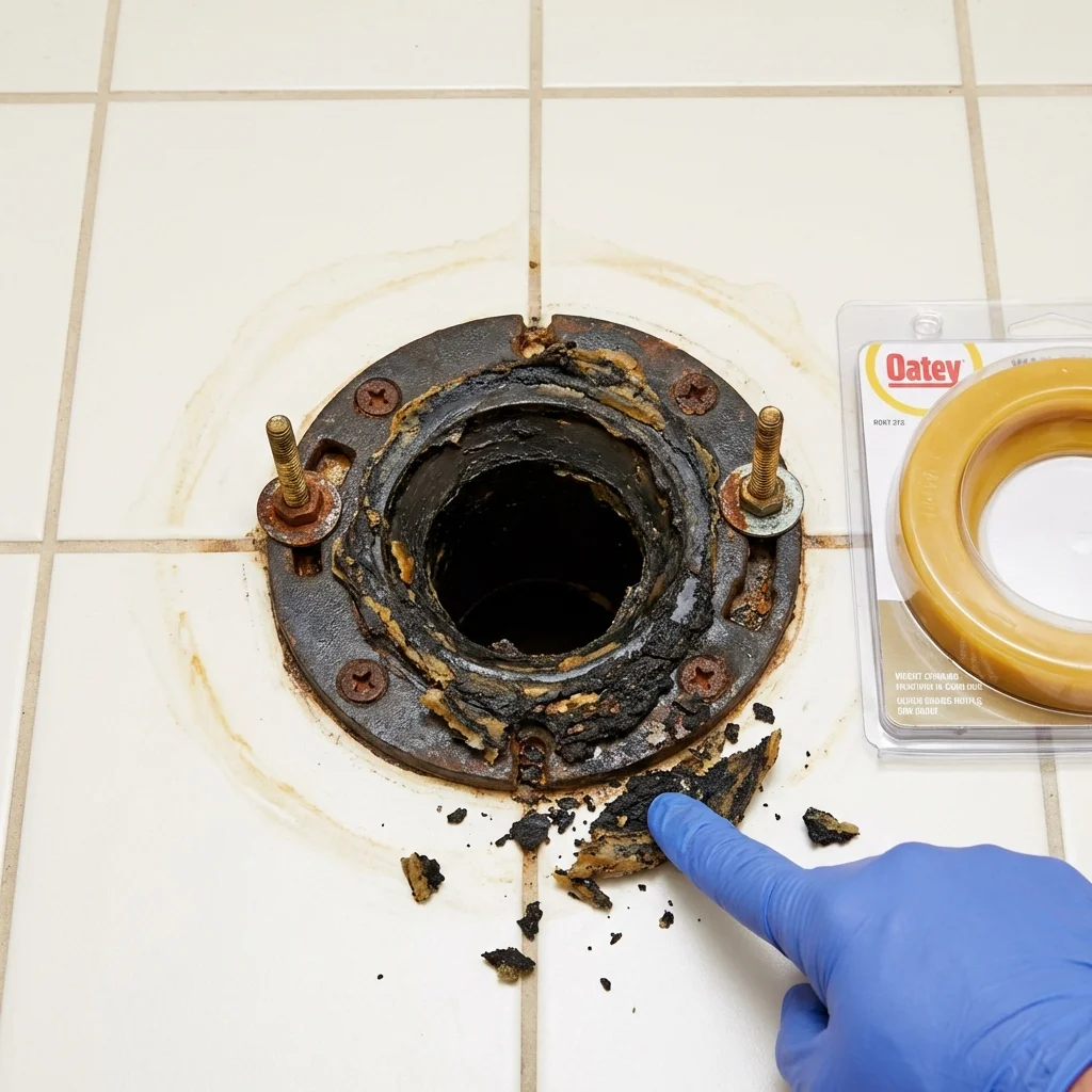 Failed wax ring showing water seepage at the base of a toilet in a Luling, TX home